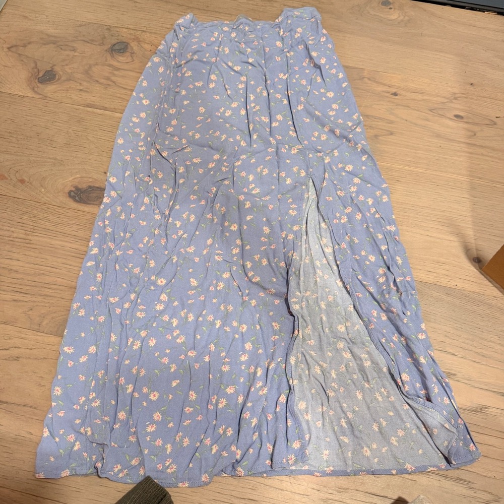 American Eagle Blue Floral Midi Skirt High Slit XS Elastic Waist Viscose